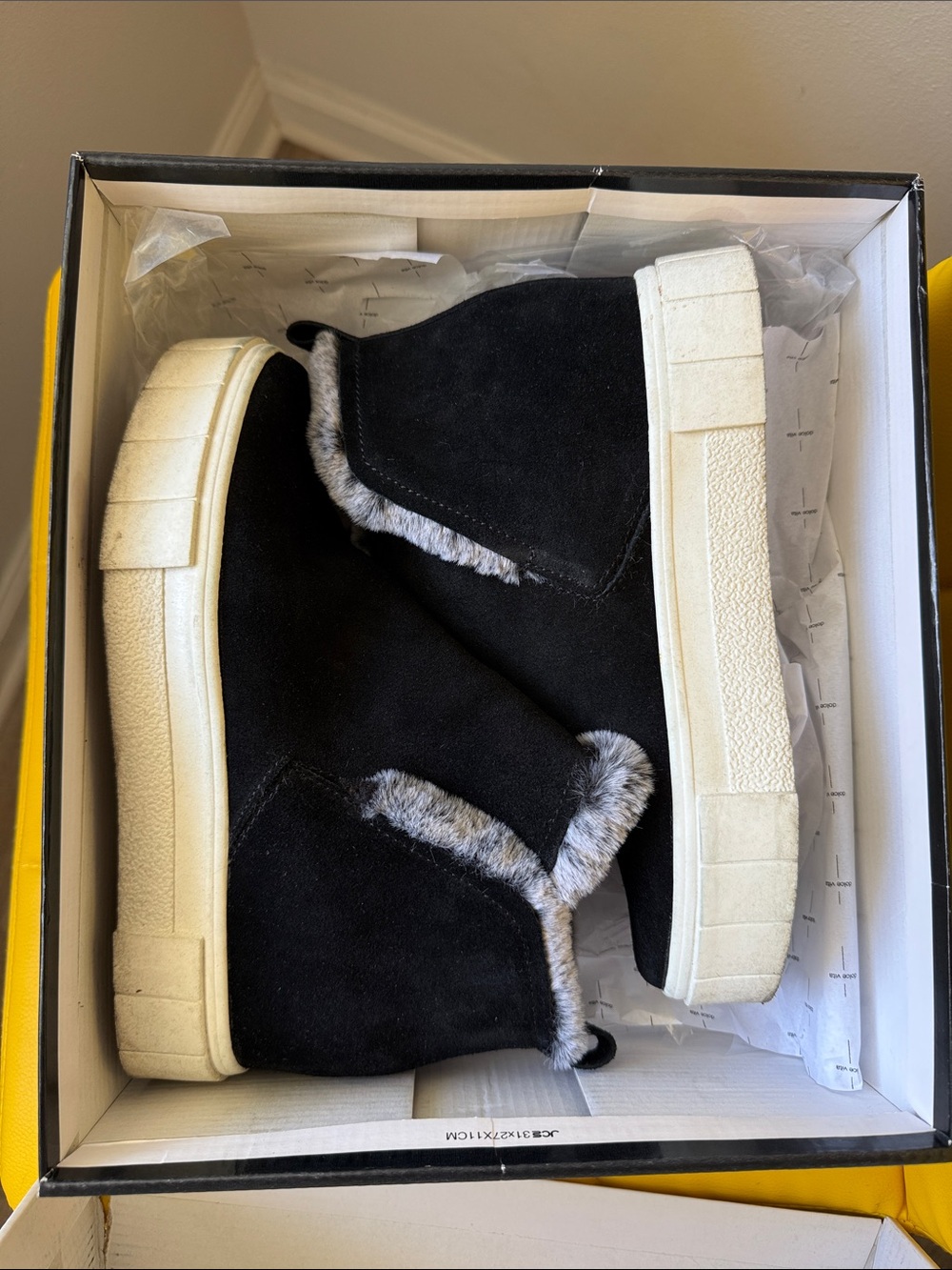 Dolce Vita Black Suede Ankle Booties with Cream Soles and Faux Fur Trim
